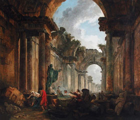Hubert Robert, Imaginary view of the Grande Galerie of the Louvre in ruins, 1796.